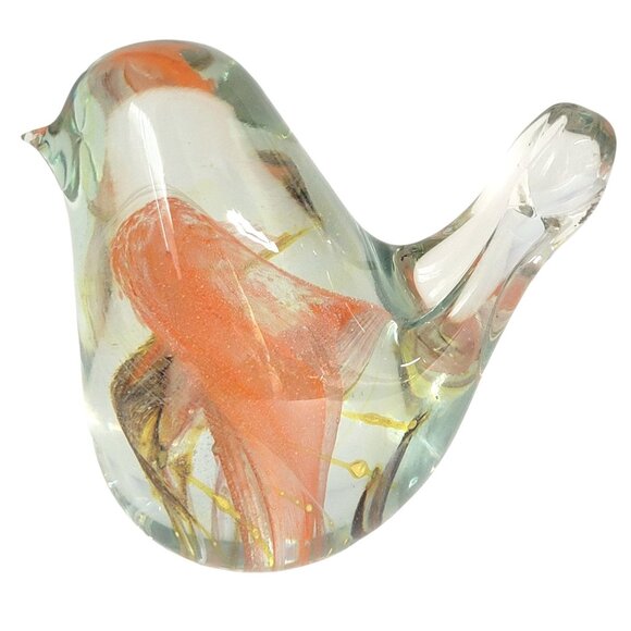 None Other - Art Glass Bird Paperweight Orange Swirl Abstract Pattern Flat Bottom 3.5